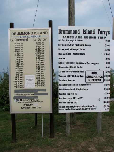 Drummond Island Ferry rate sign